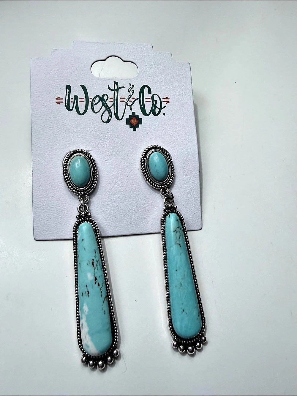 West & Co. Round Turquoise Post With Long Turquoise Stone Earrings. Turquoise
